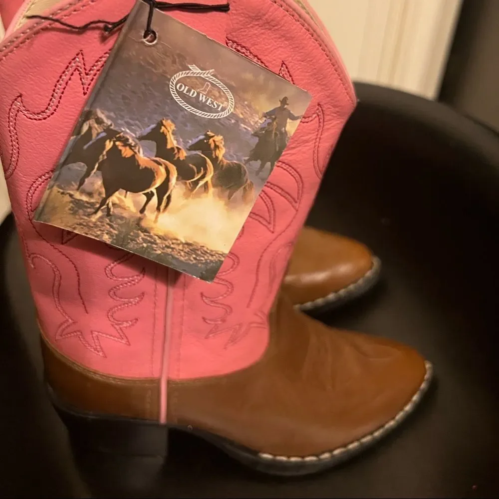 OLD WEST Girl's J Toe Tan Canyon/Pink Western Boot (8139) Sz 13.5